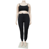 Plus Size Solid Ribbed Long Sleeve Crop Top+Vest+Pants 3 Piece Sets NNWF-7345