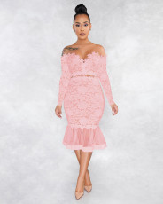 Sexy Lace Off Shoulder Long Sleeve Mermaid Midi Dress ME-W932