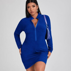 Plus Size Solid Long Sleeve Zipper Mini Dress PHF-13260