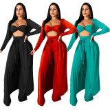 Solid Long Cloak+Tube Top+Pants 3 Piece Sets SH-390215
