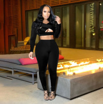 Sexy Solid Hollow Out Long Sleeve Slim 2 Piece Sets YIBF-6115