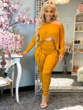 Slim Fit Drawstring Top And Stacked Pants Two Piece Sets XYF-9060