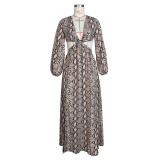 Snake Skin Print High Split Long Sleeve Maxi Dress ZSD-0427