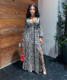 Snake Skin Print High Split Long Sleeve Maxi Dress ZSD-0427