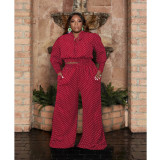Plus Size Polka Dot Print Long Sleeve 2 Piece Pants Set ASL-7056