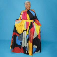 Plus Size Printed Off Shoulder Big Swing Maxi Dress NNWF-7335
