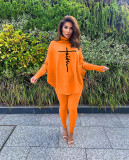 Letter Print Batwing Sleeve Two Piece Pants Set MAE-2126