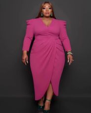 Plus Size Solid V Neck Long Sleeve Maxi Dress WAF-77297