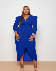 Plus Size Solid V Neck Long Sleeve Maxi Dress WAF-77297