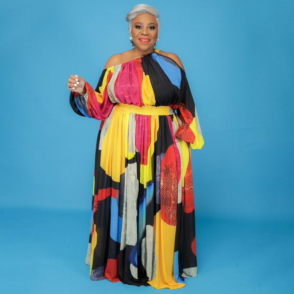 Plus Size Printed Off Shoulder Big Swing Maxi Dress NNWF-7335