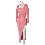 Sexy Velvet Long Sleeve Split Maxi Evening Dress (Without Belt) ZSD-0428