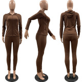 Solid Hooded Zipper Long Sleeve Two Piece Pants Set FSL-117-1