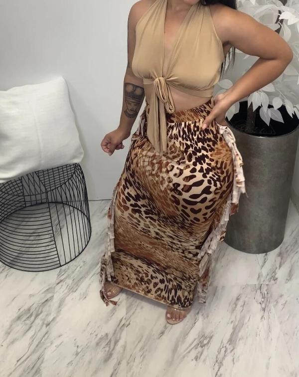 Leopard Print Tassel Maxi Skirt HMS-5516