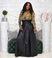 Plus Size PU Leather High Waist Big Swing Belted Maxi Skirt OD-8339-1