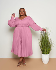 Plus Size Solid Long Sleeve Pleated Sashes Maxi Dress JRF-3659