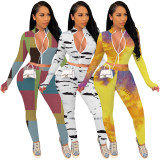 Casual Printed Long Sleeve Zipper 2 Piece Pants Set TE-4342