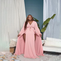 Plus Size Solid V Neck Drawstring High Split Maxi Dress HNIF-001