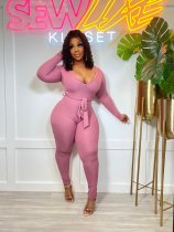 Solid Ribbed Long Sleeve Sashes Jumpsuit ZDF-31171