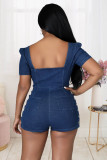 Denim Short Sleeve Chain Zipper Bodycon Romper LX-6920