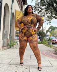 Plus Size Retro Print Long Sleeve Jumpsuit CY-6523