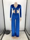 Plus Size Velvet Tie-Up Top High Split Pants 2 Piece Suits FNN-8634