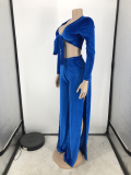 Plus Size Velvet Tie-Up Top High Split Pants 2 Piece Suits FNN-8634