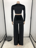 Plus Size Velvet Tie-Up Top High Split Pants 2 Piece Suits FNN-8634