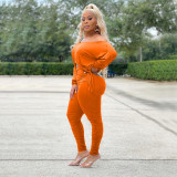 Solid Off Shoulder Ruched 2 Piece Pants Set QSF-51051
