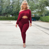 Solid Off Shoulder Ruched 2 Piece Pants Set QSF-51051