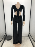 Plus Size Velvet Tie-Up Top High Split Pants 2 Piece Suits FNN-8634