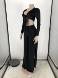 Plus Size Velvet Tie-Up Top High Split Pants 2 Piece Suits FNN-8634