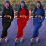 Solid Long Sleeve Crop Top Split Long Skirt 2 Piece Sets GLF-10063