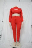 Plus Size Solid Ribbed Long Sleeve Crop Top+Vest+Pants 3 Piece Sets NNWF-7345