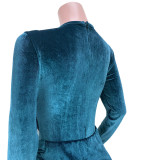 Velvet Long Sleeve Zipper Bodysuits+Split Mini Skirt 2 Piece Sets ASL-6518