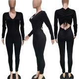 Solid V Neck Backless Drawstring Long Sleeve Jumpsuit BGN-212
