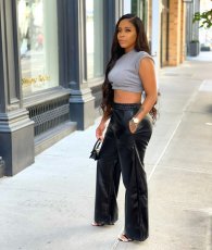 Black PU Leather Pocket Wide Leg Pants BGN-211