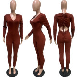 Solid V Neck Backless Drawstring Long Sleeve Jumpsuit BGN-212