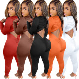 Solid V Neck Backless Drawstring Long Sleeve Jumpsuit BGN-212