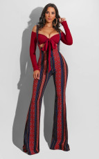 Sexy Off-shoulder Tie Up Top And Print Sling Jumpsuits Two Piece Sets FSXF-188