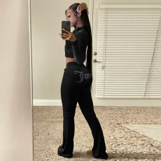 Velvet Hot Drilling Hooded Zipper 2 Piece Pants Set LSD-81062