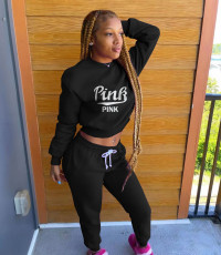 Pink Letter Print Sports Two Piece Pants Set WAF-77312