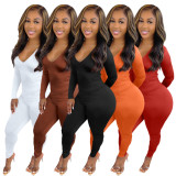 Solid V Neck Backless Drawstring Long Sleeve Jumpsuit BGN-212