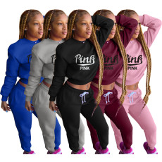 Pink Letter Print Sports Two Piece Pants Set WAF-77312