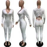 Solid V Neck Backless Drawstring Long Sleeve Jumpsuit BGN-212