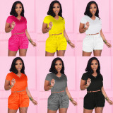 Casual Solid Color Short Sleeve Shorts Two Piece Sets FSXF-272