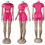 Casual Solid Color Short Sleeve Shorts Two Piece Sets FSXF-272