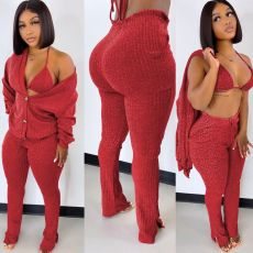 Solid Ribbed Knit Bra Top+Cloak Coat+Split Pants 3 Piece Sets MOF-6659