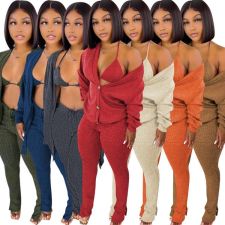 Solid Ribbed Knit Bra Top+Cloak Coat+Split Pants 3 Piece Sets MOF-6659