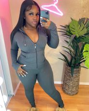 Solid Ribbed Hooded Long Sleeve Zipper 2 Piece Sets FSL-F180