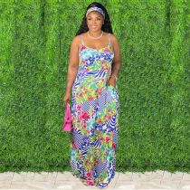Floral Print Spaghetti Strap Maxi Dress (With Headscarf) XMY-9306